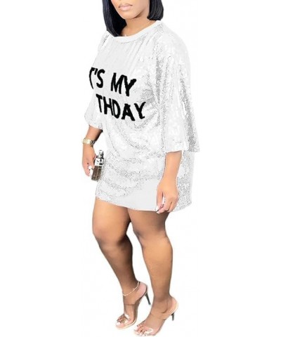 Its My Birthday Dress for Women Birthday Sequin Shirt Dress Letter Graphic Print Half Sleeve Dress White $12.32 Dresses