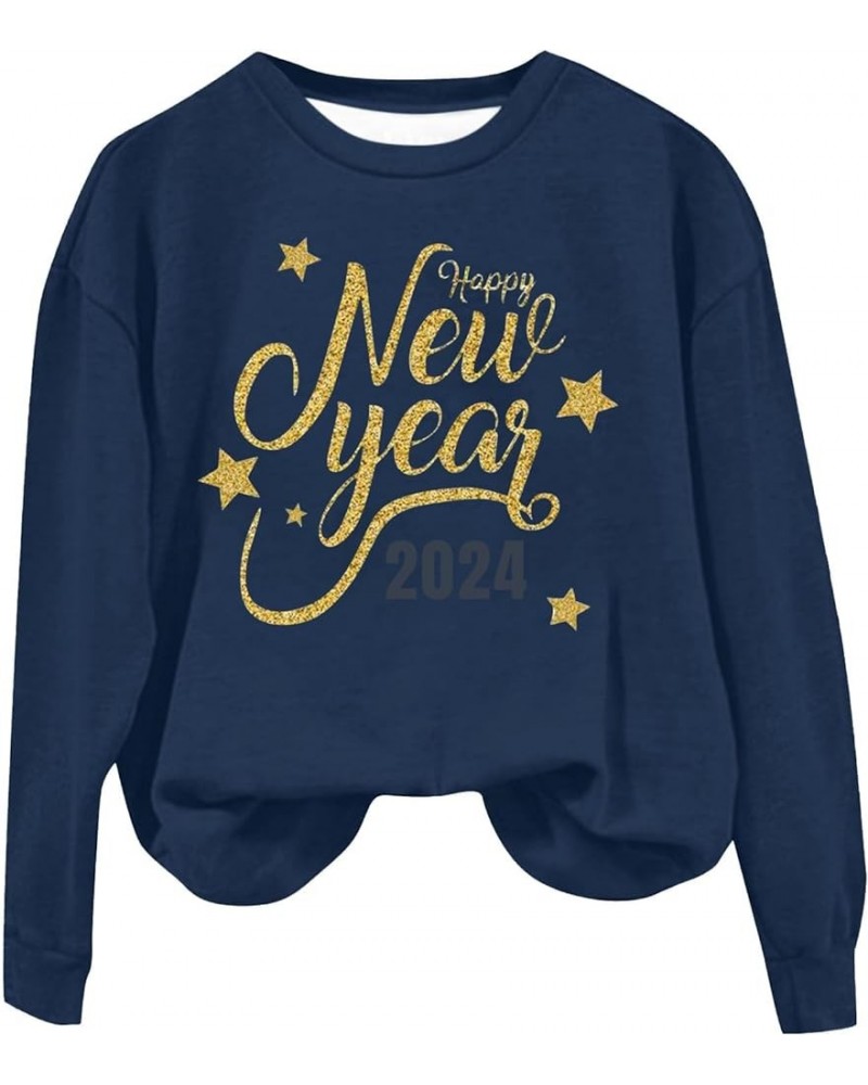 New Year T-shirt Women 2024 Letter Printed Long Sleeve Plus Size Crewneck Sweatshirts Loose Fit S-3XL 03-dark Blue $9.24 Hood...