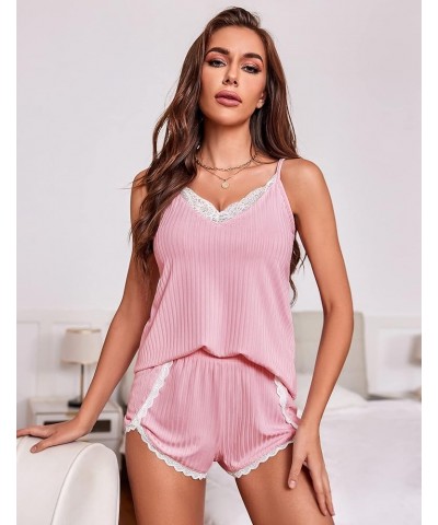 Womens Pajama Sets Soft Lingerie Sleepwear 2 Piece Cami Shorts Set V Neck Pj Lace Nightwear 03 Pink $10.89 Sleep & Lounge