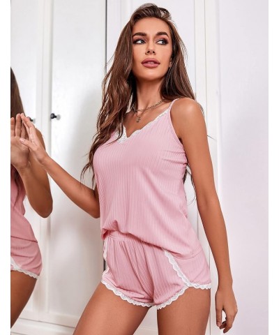 Womens Pajama Sets Soft Lingerie Sleepwear 2 Piece Cami Shorts Set V Neck Pj Lace Nightwear 03 Pink $10.89 Sleep & Lounge