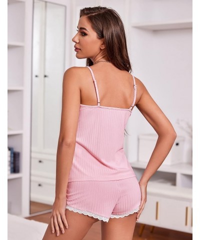 Womens Pajama Sets Soft Lingerie Sleepwear 2 Piece Cami Shorts Set V Neck Pj Lace Nightwear 03 Pink $10.89 Sleep & Lounge