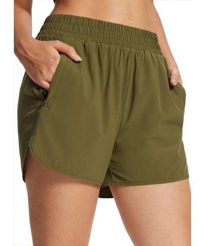 Women's 3" Running Athletic Shorts Quick Dry Lightweight Gym Workout Shorts with Pockets 2 Zipper Pockets Army Green-2 Zipper...