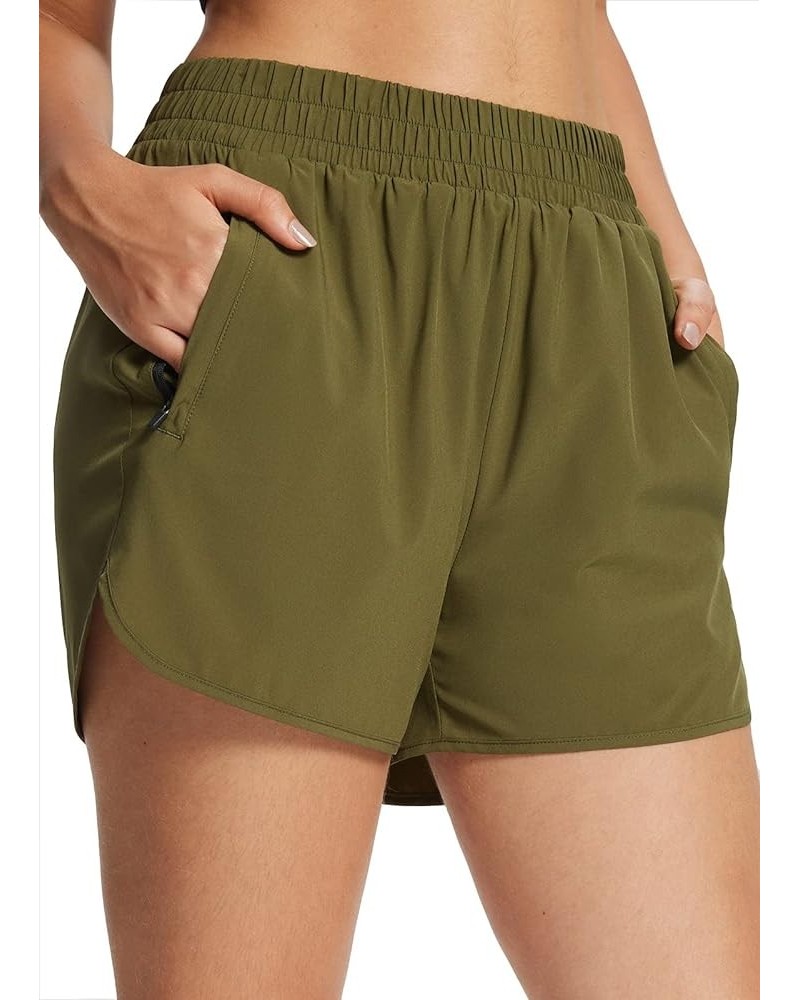 Women's 3" Running Athletic Shorts Quick Dry Lightweight Gym Workout Shorts with Pockets 2 Zipper Pockets Army Green-2 Zipper...
