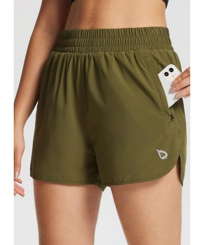 Women's 3" Running Athletic Shorts Quick Dry Lightweight Gym Workout Shorts with Pockets 2 Zipper Pockets Army Green-2 Zipper...