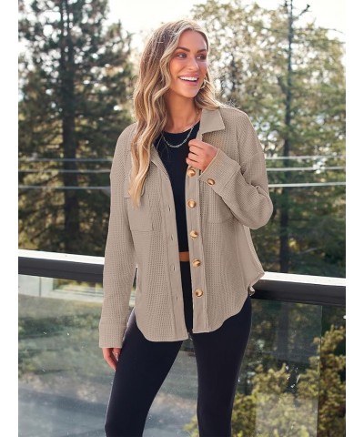 Womens Shacket Jacket Waffle Knit Oversized Button Down Shirts Fall Outfits 2024 Fashion Clothes Khaki $17.35 Blouses