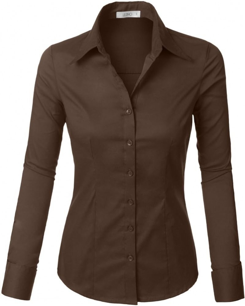 Womens Tailored Long Sleeve Button Down Shirt with Stretch Brown $13.19 Blouses
