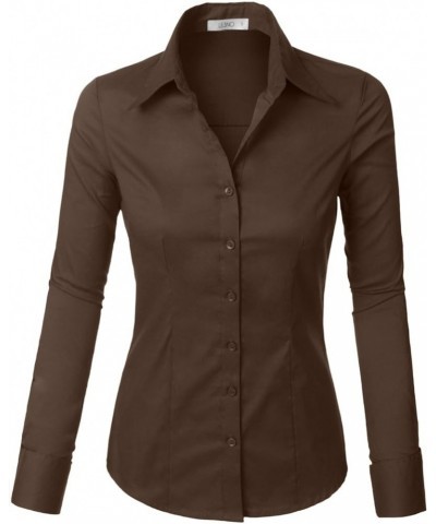 Womens Tailored Long Sleeve Button Down Shirt with Stretch Brown $13.19 Blouses