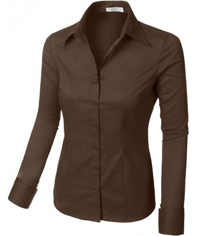 Womens Tailored Long Sleeve Button Down Shirt with Stretch Brown $13.19 Blouses