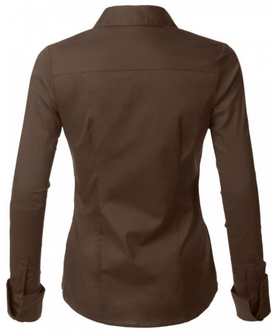 Womens Tailored Long Sleeve Button Down Shirt with Stretch Brown $13.19 Blouses