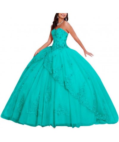 Women's Sweetheart Neck Beaded Quinceanera Dress Lace Applique Ball Gowns Turquoise $71.30 Dresses