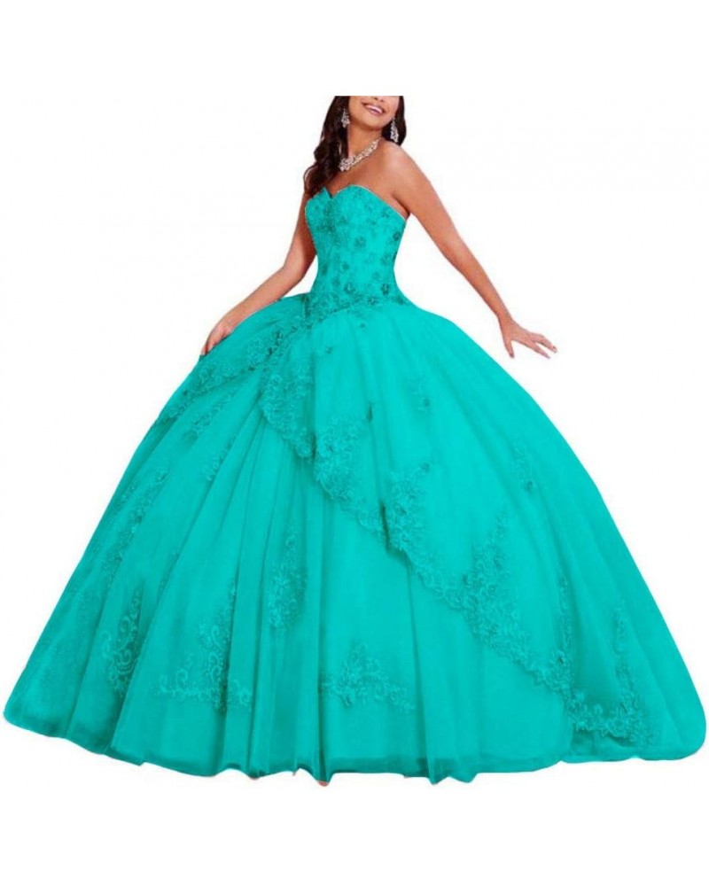 Women's Sweetheart Neck Beaded Quinceanera Dress Lace Applique Ball Gowns Turquoise $71.30 Dresses