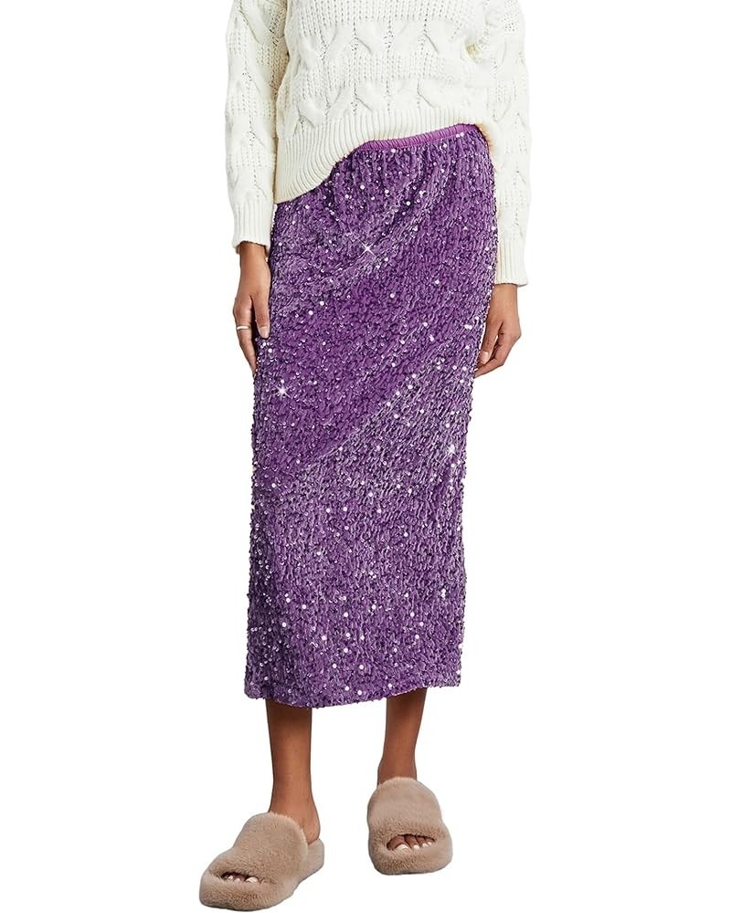 Womens Sparkly Sequin Long Skirt High Elastic Waist Glitter Sparkle A Line Maxi Skirt Night Out Partywear Purple $16.22 Skirts