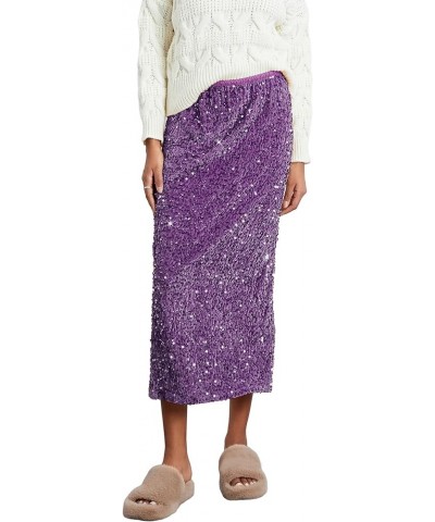 Womens Sparkly Sequin Long Skirt High Elastic Waist Glitter Sparkle A Line Maxi Skirt Night Out Partywear Purple $16.22 Skirts