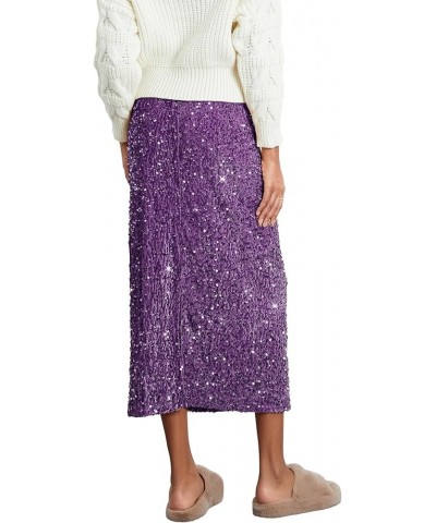 Womens Sparkly Sequin Long Skirt High Elastic Waist Glitter Sparkle A Line Maxi Skirt Night Out Partywear Purple $16.22 Skirts