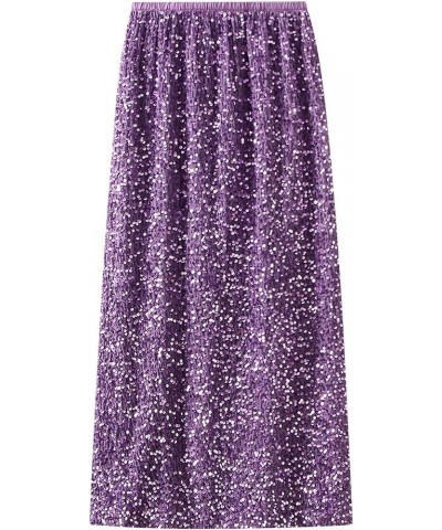 Womens Sparkly Sequin Long Skirt High Elastic Waist Glitter Sparkle A Line Maxi Skirt Night Out Partywear Purple $16.22 Skirts