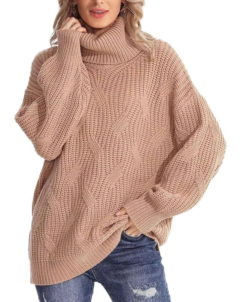 Women's Fall Turtle Neck Cable Knit Sweaters Soft Cozy Batwing Sleeve Oversized Pullover Sweater Casual Tunic Khaki $11.98 Sw...