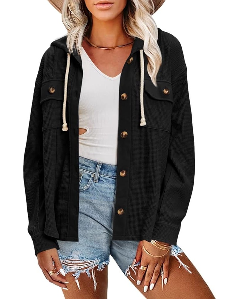 Women Hooded Waffle Knit Jacket Casual Boyfriend Shirts Shacket Button Down Blouse Loose Fit Long Sleeve Tops 01-black $15.74...