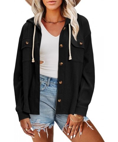 Women Hooded Waffle Knit Jacket Casual Boyfriend Shirts Shacket Button Down Blouse Loose Fit Long Sleeve Tops 01-black $15.74...