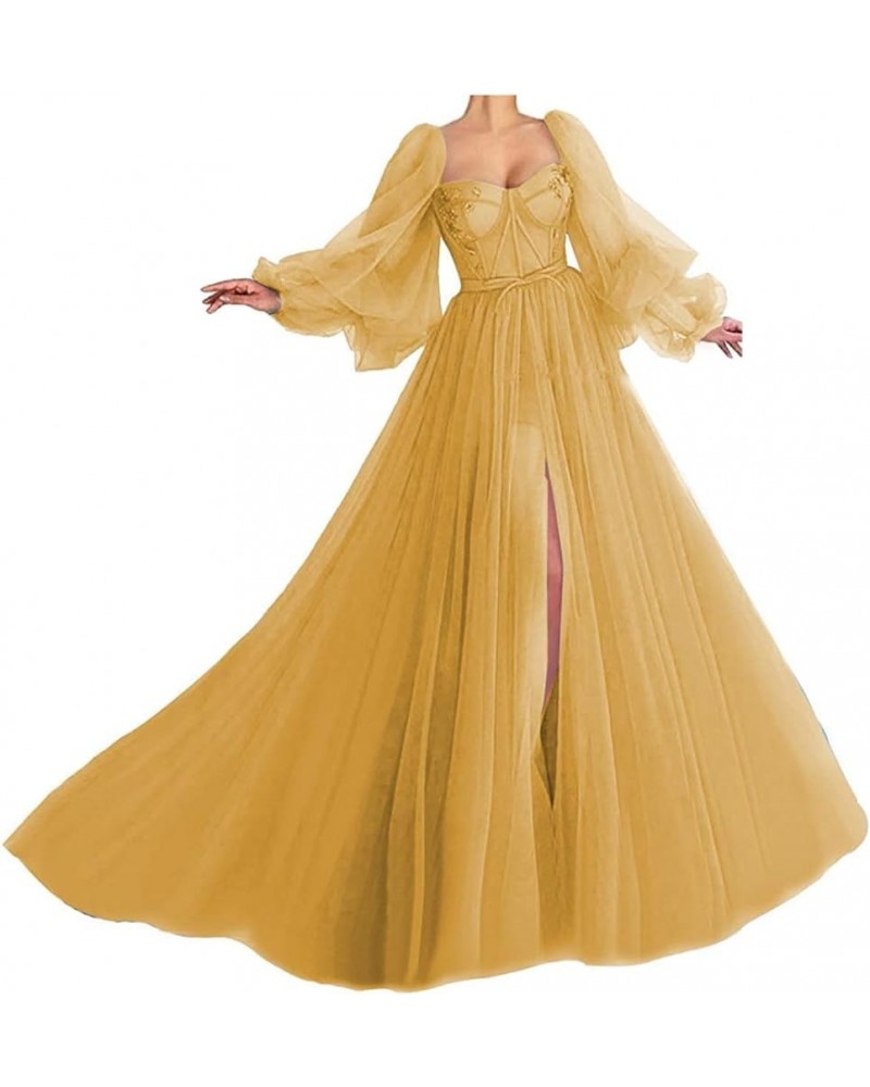 Puffy Sleeve Prom Dress for Women Long Sweetheart Tulle Ball Gown Split Formal Evening Party Gowns Gold $38.88 Dresses