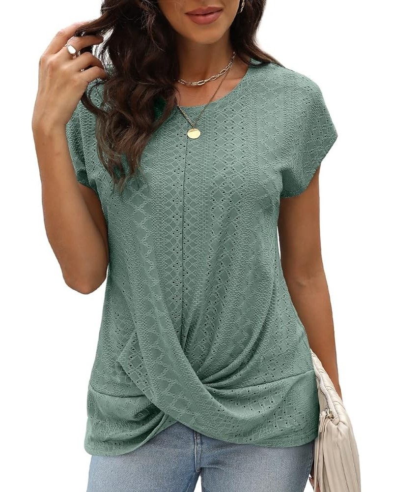 Womens Summer Tops Casual Cap Sleeve Twist Front Eyelet T Shirts 02-green $15.50 T-Shirts