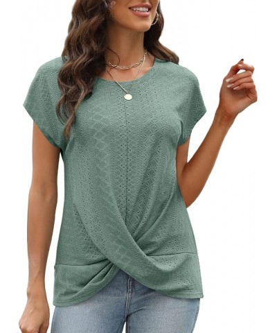 Womens Summer Tops Casual Cap Sleeve Twist Front Eyelet T Shirts 02-green $15.50 T-Shirts