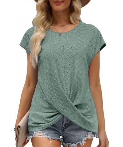 Womens Summer Tops Casual Cap Sleeve Twist Front Eyelet T Shirts 02-green $15.50 T-Shirts