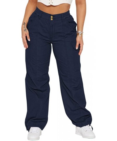 Women's High Waisted Cargo Pants Relaxed Fit Wide Leg Jeans Combat Military Trousers with Pockets Navy Blue $22.35 Pants