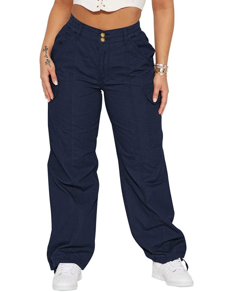 Women's High Waisted Cargo Pants Relaxed Fit Wide Leg Jeans Combat Military Trousers with Pockets Navy Blue $22.35 Pants
