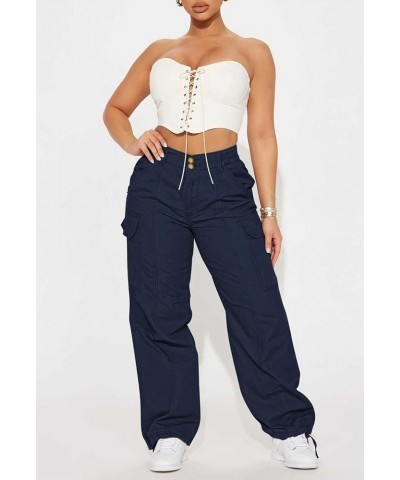 Women's High Waisted Cargo Pants Relaxed Fit Wide Leg Jeans Combat Military Trousers with Pockets Navy Blue $22.35 Pants