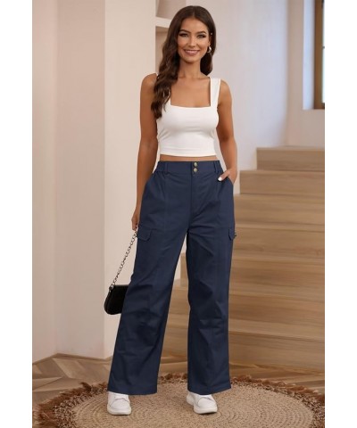 Women's High Waisted Cargo Pants Relaxed Fit Wide Leg Jeans Combat Military Trousers with Pockets Navy Blue $22.35 Pants