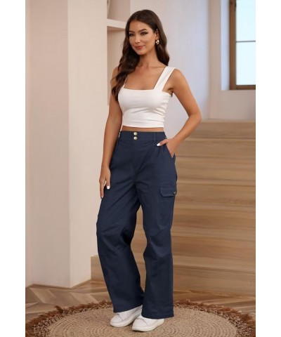 Women's High Waisted Cargo Pants Relaxed Fit Wide Leg Jeans Combat Military Trousers with Pockets Navy Blue $22.35 Pants