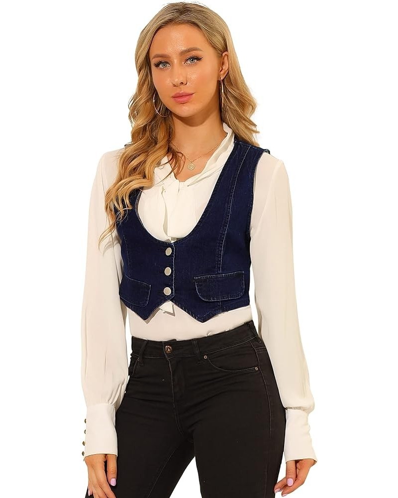 Women's Denim Vest Vintage Button Up Sleeveless Crop Jean Vest Waistcoat Blue $22.61 Vests