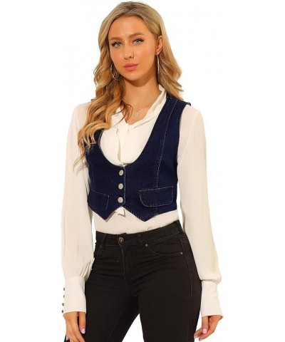 Women's Denim Vest Vintage Button Up Sleeveless Crop Jean Vest Waistcoat Blue $22.61 Vests