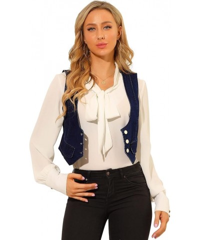 Women's Denim Vest Vintage Button Up Sleeveless Crop Jean Vest Waistcoat Blue $22.61 Vests