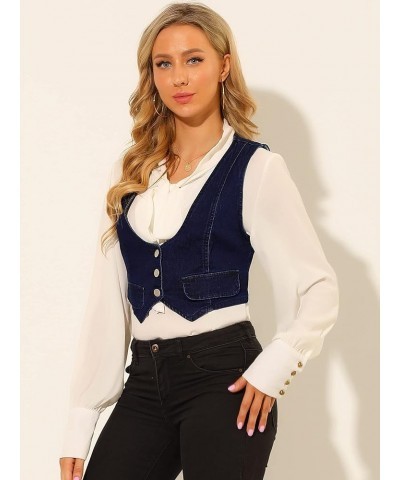 Women's Denim Vest Vintage Button Up Sleeveless Crop Jean Vest Waistcoat Blue $22.61 Vests