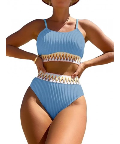 Women's High Waisted Bathing Suit Chevron Tape Spaghetti Strap Swimsuit Bikini Set 2 Piece Light Blue $13.34 Swimsuits