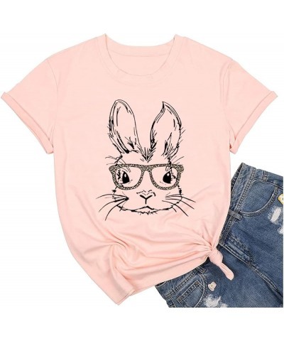 Bunny with Leopard Glasses T-Shirt for Women Cute Easter Bunny Graphic Tees Casual Short Sleeve Shirts Tops Pink $8.80 T-Shirts