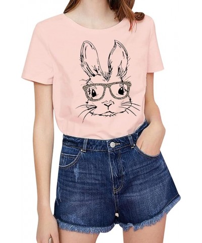 Bunny with Leopard Glasses T-Shirt for Women Cute Easter Bunny Graphic Tees Casual Short Sleeve Shirts Tops Pink $8.80 T-Shirts