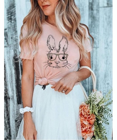 Bunny with Leopard Glasses T-Shirt for Women Cute Easter Bunny Graphic Tees Casual Short Sleeve Shirts Tops Pink $8.80 T-Shirts