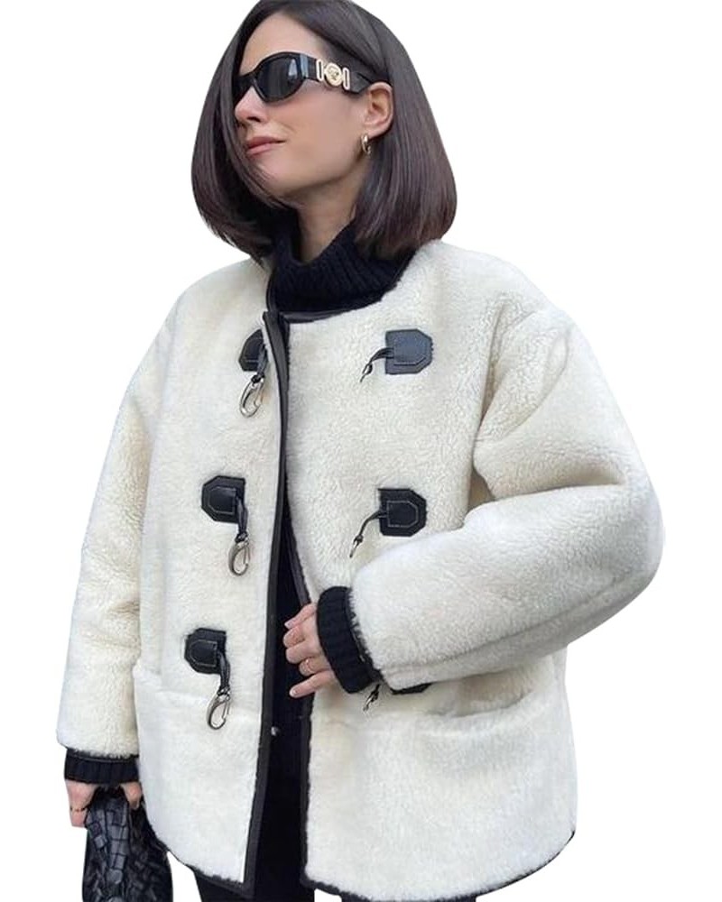 Women's Collarless Button Down Sherpa Fleece Jacket Loose Long Sleeve Outwear Coat With Pockets White $19.32 Jackets