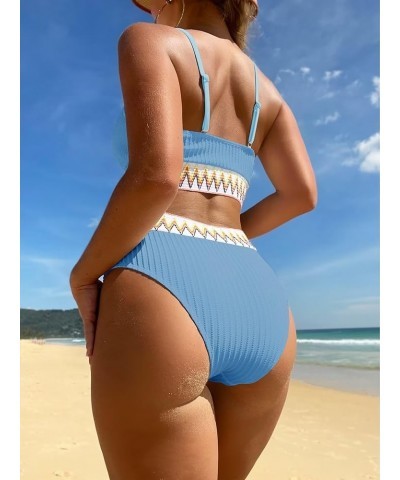 Women's High Waisted Bathing Suit Chevron Tape Spaghetti Strap Swimsuit Bikini Set 2 Piece Light Blue $13.34 Swimsuits