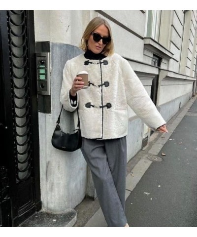 Women's Collarless Button Down Sherpa Fleece Jacket Loose Long Sleeve Outwear Coat With Pockets White $19.32 Jackets