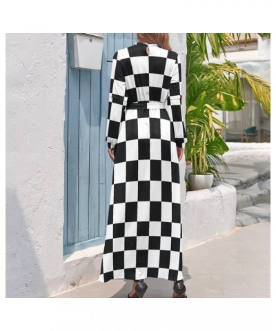 Women's Long Sleeve Maxi Dress Casual High Waist Collar Casual Loose Dress Evening Party Wedding Guest Dress Black White Patt...