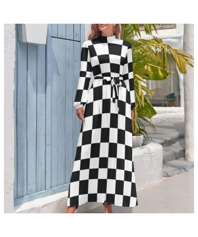 Women's Long Sleeve Maxi Dress Casual High Waist Collar Casual Loose Dress Evening Party Wedding Guest Dress Black White Patt...