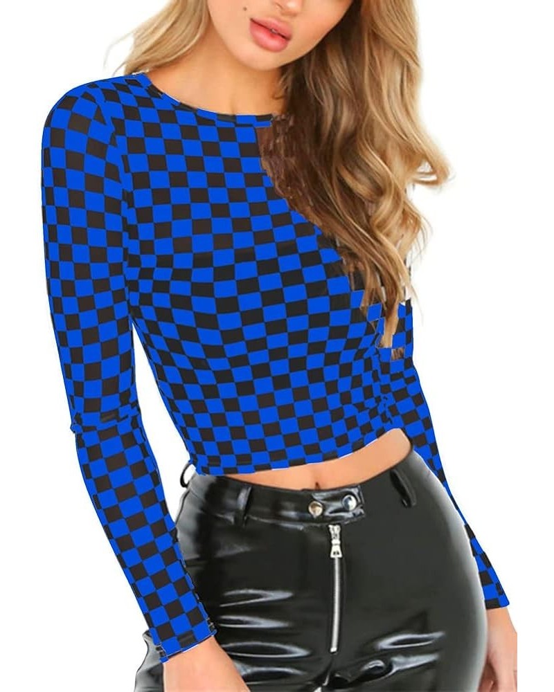 Women's Long Sleeve Checkered Print Sexy See Through Sheer Mesh Crop Top Tee T Shirts Blue Checkered $14.57 T-Shirts