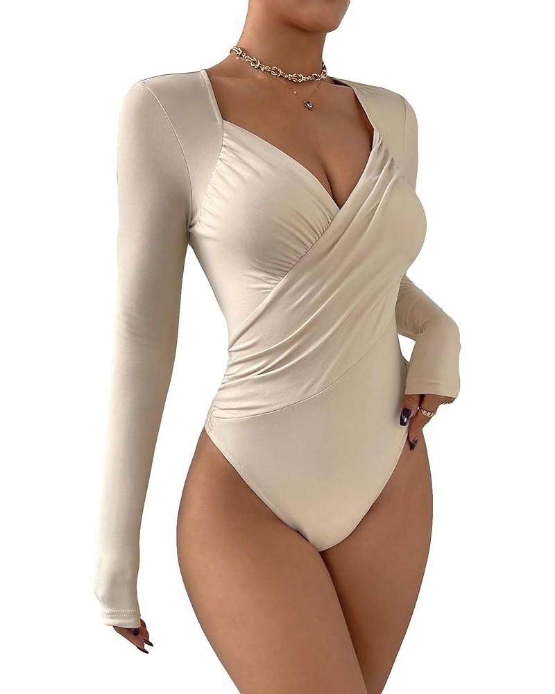 Women's Solid Sweetheart Neck Long Sleeve Cross Wrap Bodysuit Jumpsuit Apricot $17.59 Bodysuits