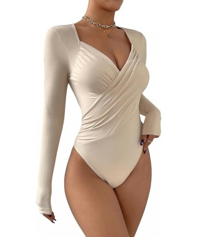 Women's Solid Sweetheart Neck Long Sleeve Cross Wrap Bodysuit Jumpsuit Apricot $17.59 Bodysuits