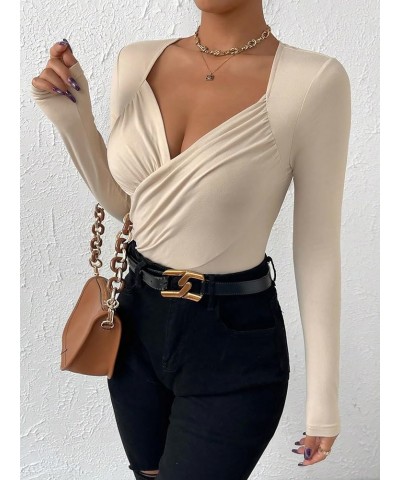 Women's Solid Sweetheart Neck Long Sleeve Cross Wrap Bodysuit Jumpsuit Apricot $17.59 Bodysuits