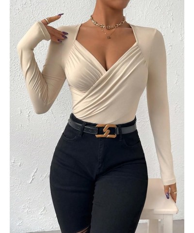 Women's Solid Sweetheart Neck Long Sleeve Cross Wrap Bodysuit Jumpsuit Apricot $17.59 Bodysuits