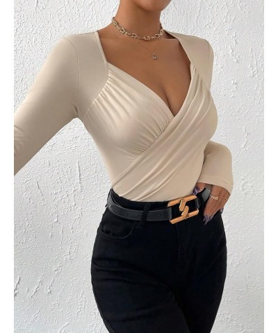 Women's Solid Sweetheart Neck Long Sleeve Cross Wrap Bodysuit Jumpsuit Apricot $17.59 Bodysuits